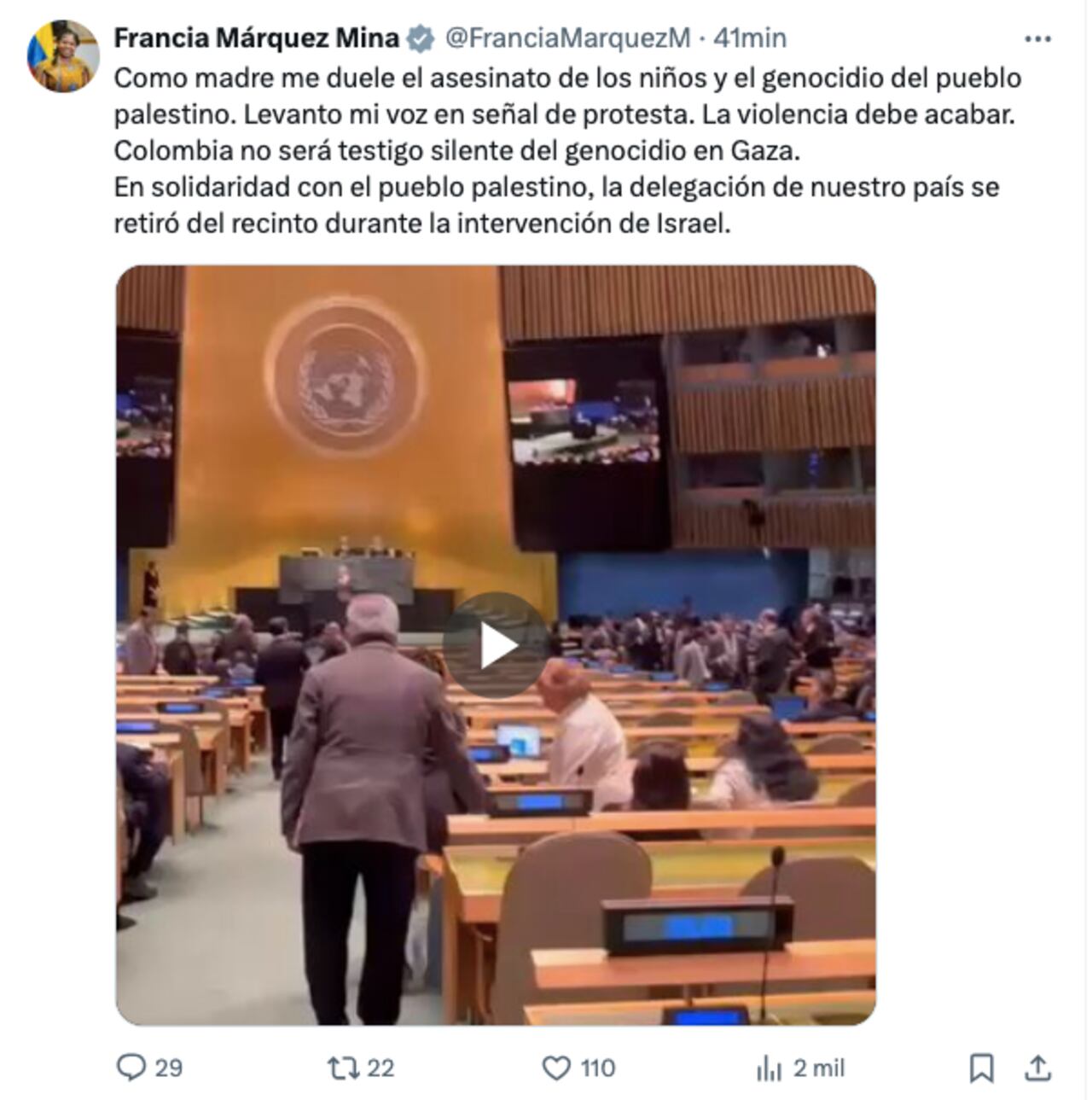 La publicación de Francia Márquez en X.