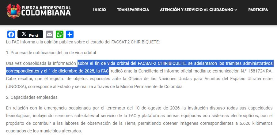 La Fuerza Aérea confirmó la salida de operación del satélite Chiribiquete.