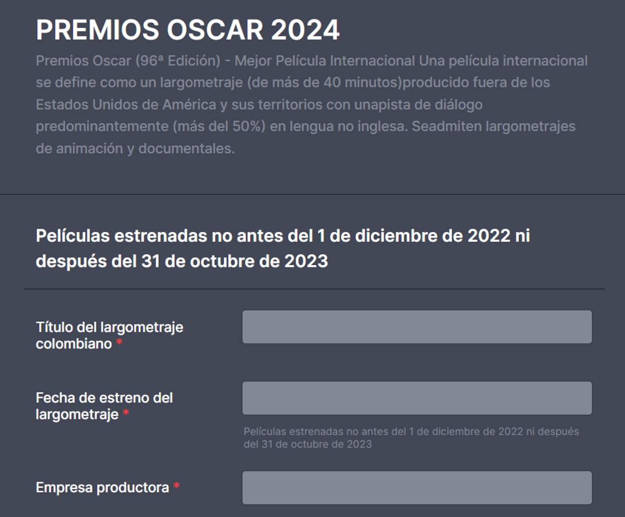 Oficialmente se abren las inscripciones para los colombianos que quieran participar en los Premios Óscar 2024.