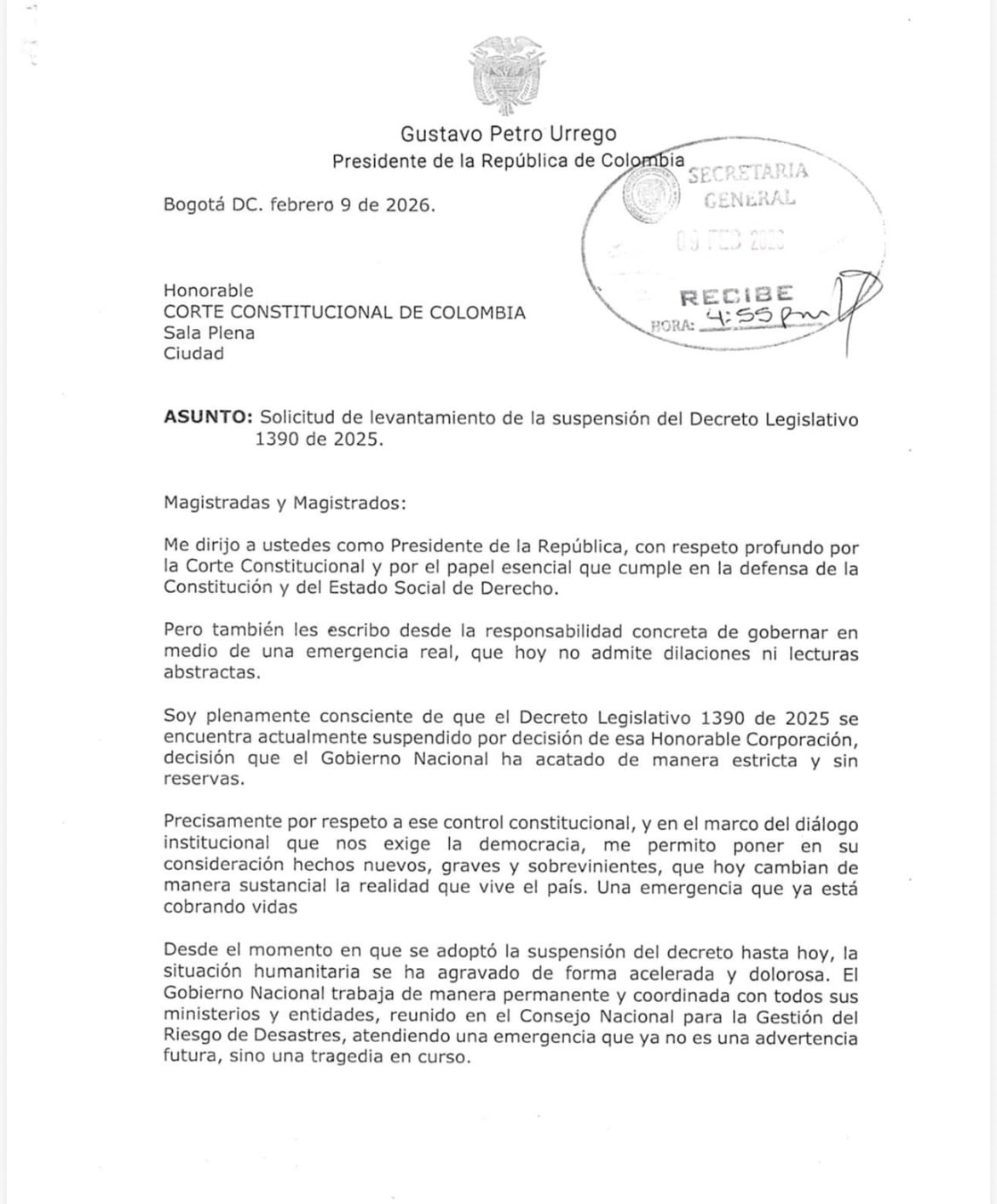 Carta Gustavo Petro a la Corte Constitucional
