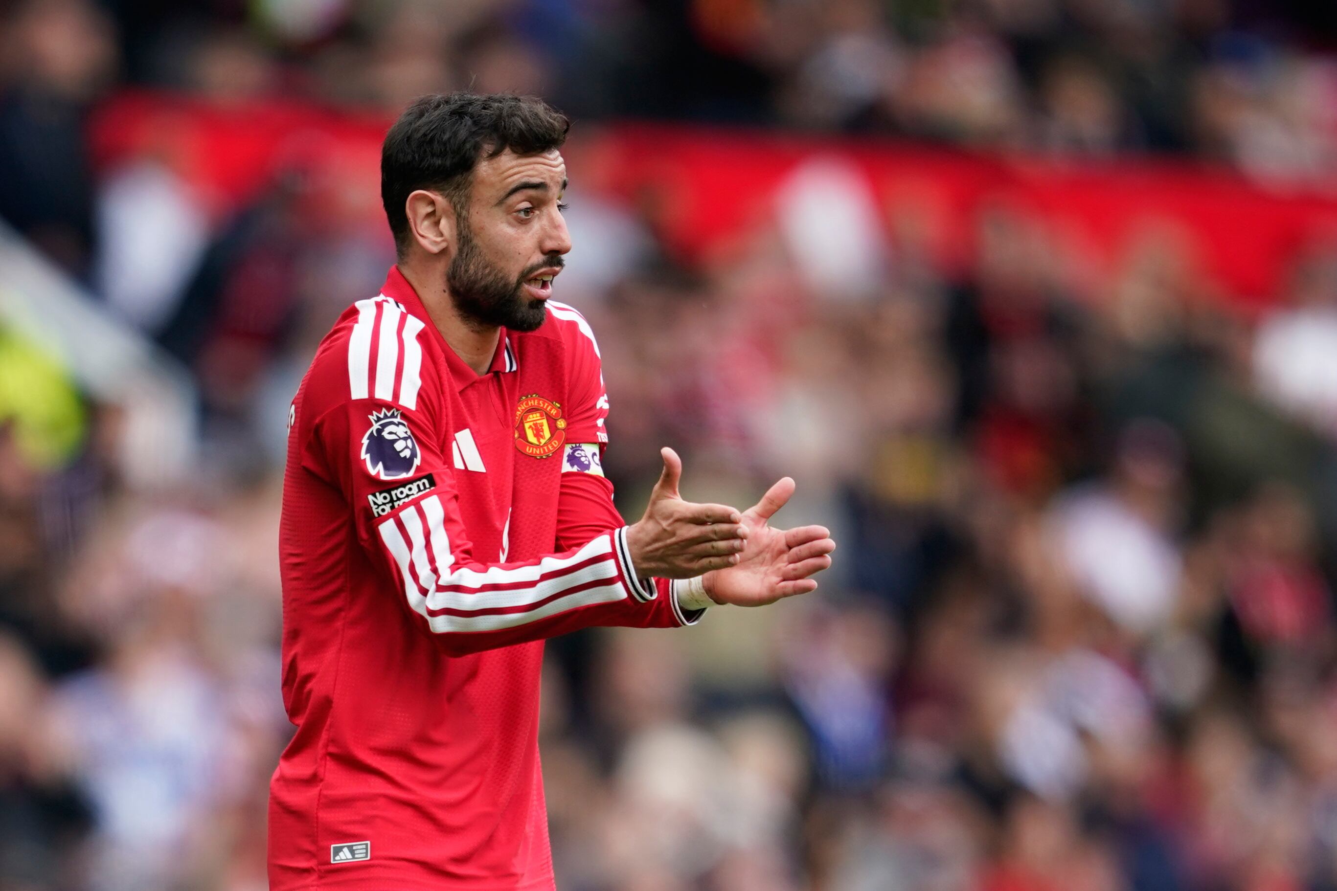 Manchester United's Bruno Fernandes reacts during the English Premier League soccer match between Manchester United and Nottingham Forest in Manchester, England, Sunday, May 17, 2026. (AP Photo/Dave Thompson)