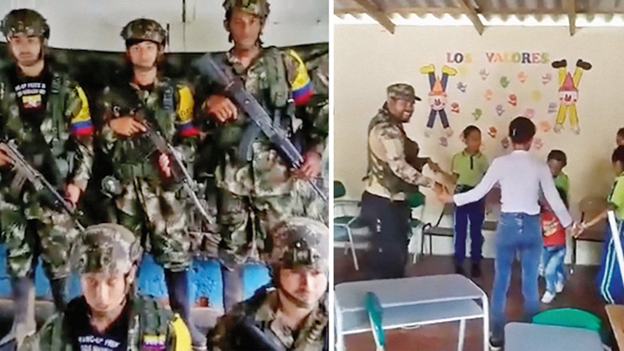 En redes sociales, se popularizaron estas imágenes de disidentes en escuelas de Antioquia realizando supuesto trabajo social con los niños. En algunas regiones estarían reclutando a jóvenes de 12 años en adelante.