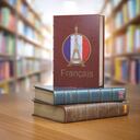 Learn French concept. French dictionary book or textbok with flag of France and Eiffel tower on the cover in the library. 3d illustration