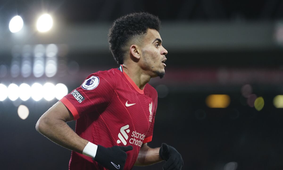 Liverpool's Luis Diaz runs during the English Premier League soccer match between Liverpool and Leicester City at Anfield stadium in Liverpool, England, Thursday, Feb. 10, 2022. (AP/Jon Super)