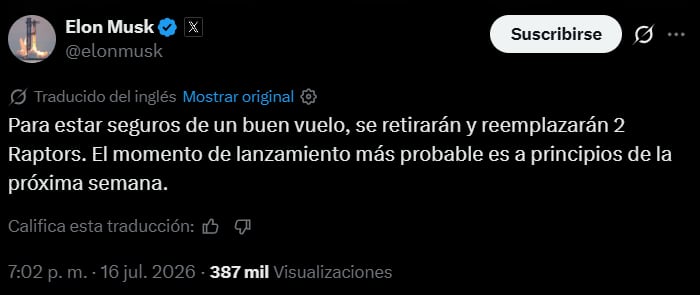 Dos motores Raptor serán sustituidos antes del nuevo despegue de Starship.