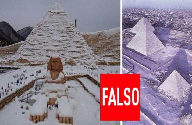 Las famosas pirámides de Guiza cubiertas de nieve. Pero, nunca nevó en esa zona. La foto de la izquierda fue tomada en el parque de atracciones japonés Tobu World Square. La de la derecha es una foto antigua decolorada hasta tal punto que la arena parece nieve.