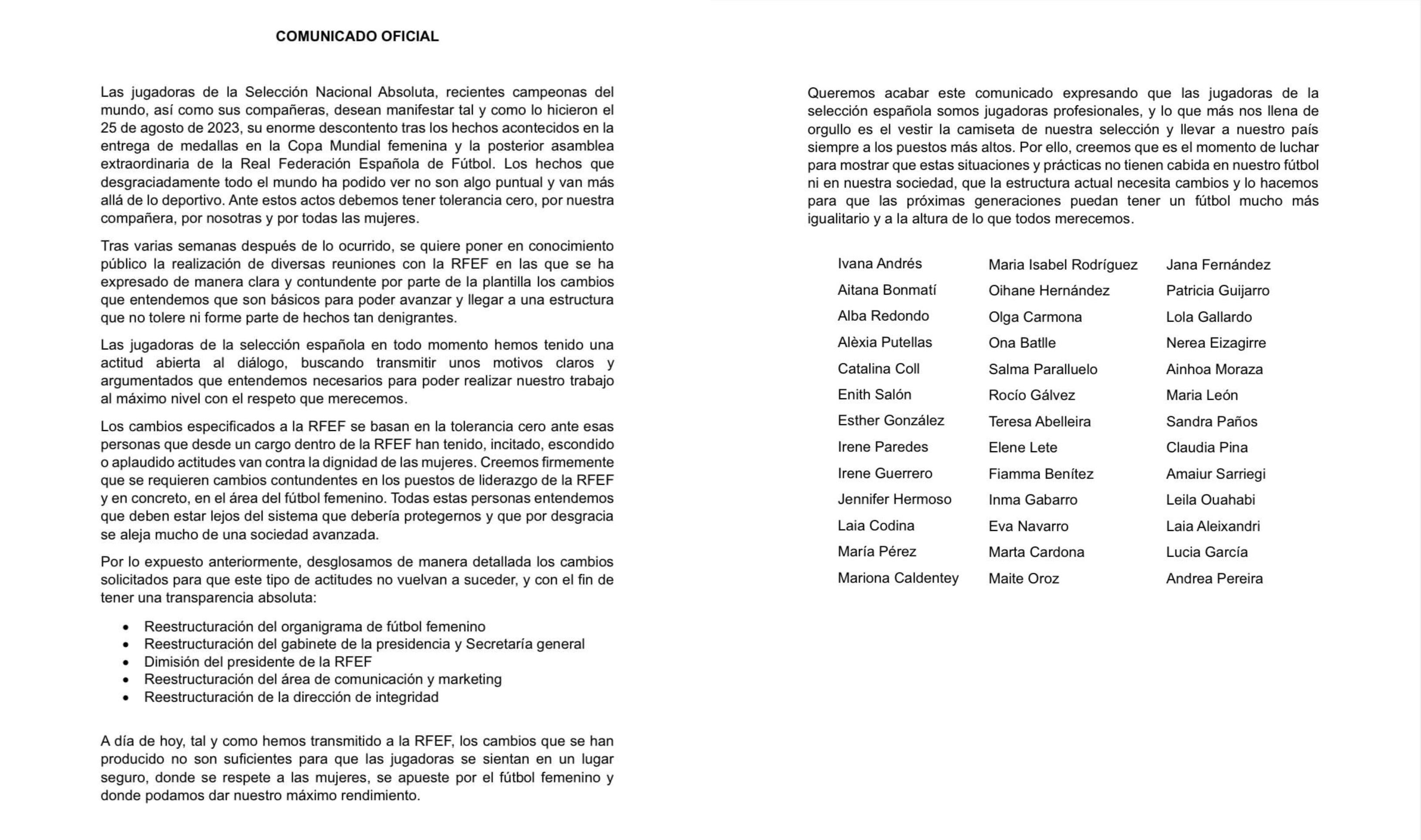Comunicado de las futbolistas de la selección de España.