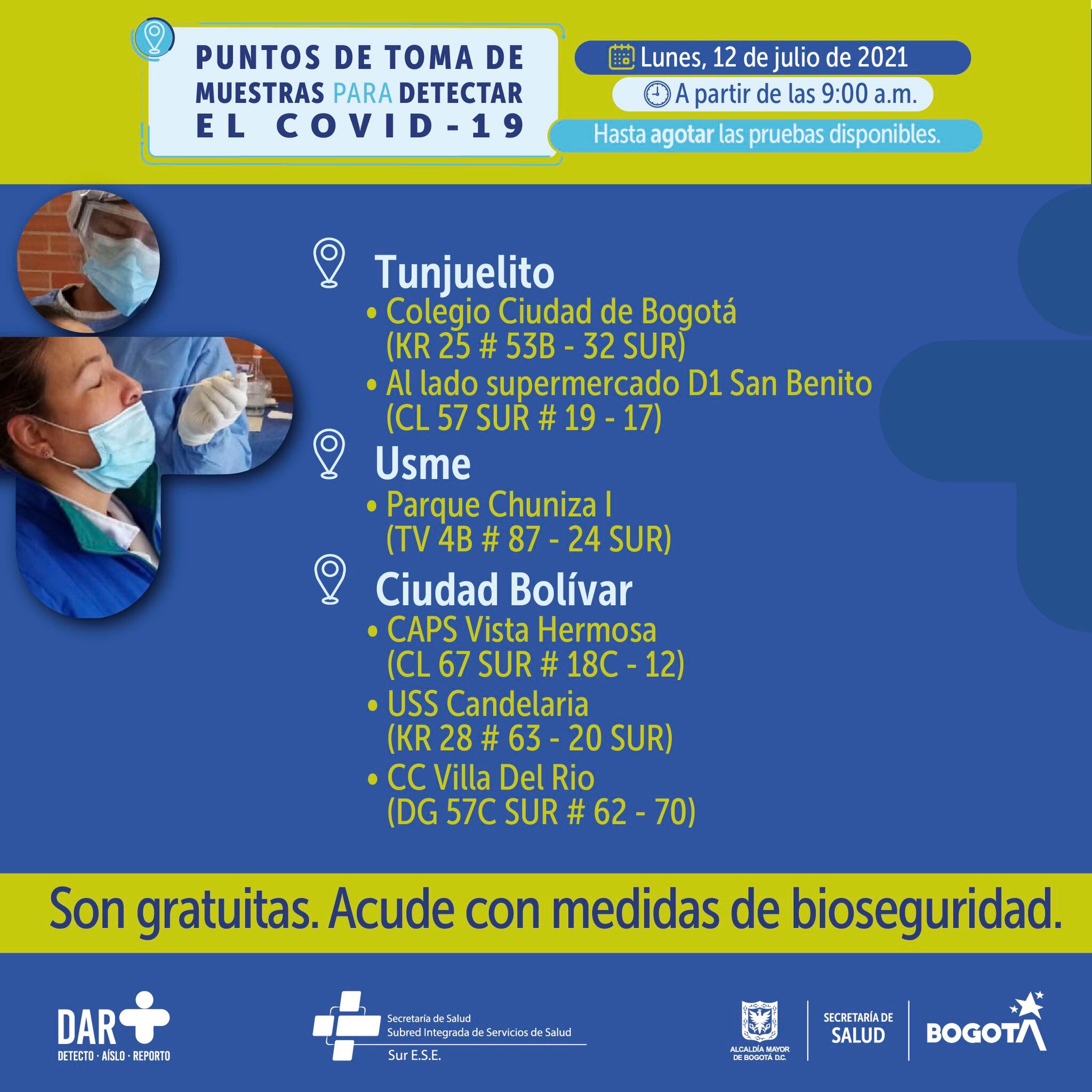 Dónde hay pruebas gratis de COVID en Bogotá hoy 12 de julio:horario y puntos