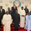Nigeria President, Bola Ahmed Tinubu, second from left, poses , for a group photograph with other West Africa leaders after a meeting in Abuja Nigeria, Sunday, July 30, 2023. At an emergency meeting Sunday in Abuja, Nigeria, the West African bloc known as ECOWAS said that it was suspending relations with Niger, and authorized the use of force if President Mohamed Bazoum is not reinstated within a week. The African Union has issued a 15-day ultimatum to the junta in Niger to reinstall the democratically elected government. (AP Photo/Chinedu Asadu)