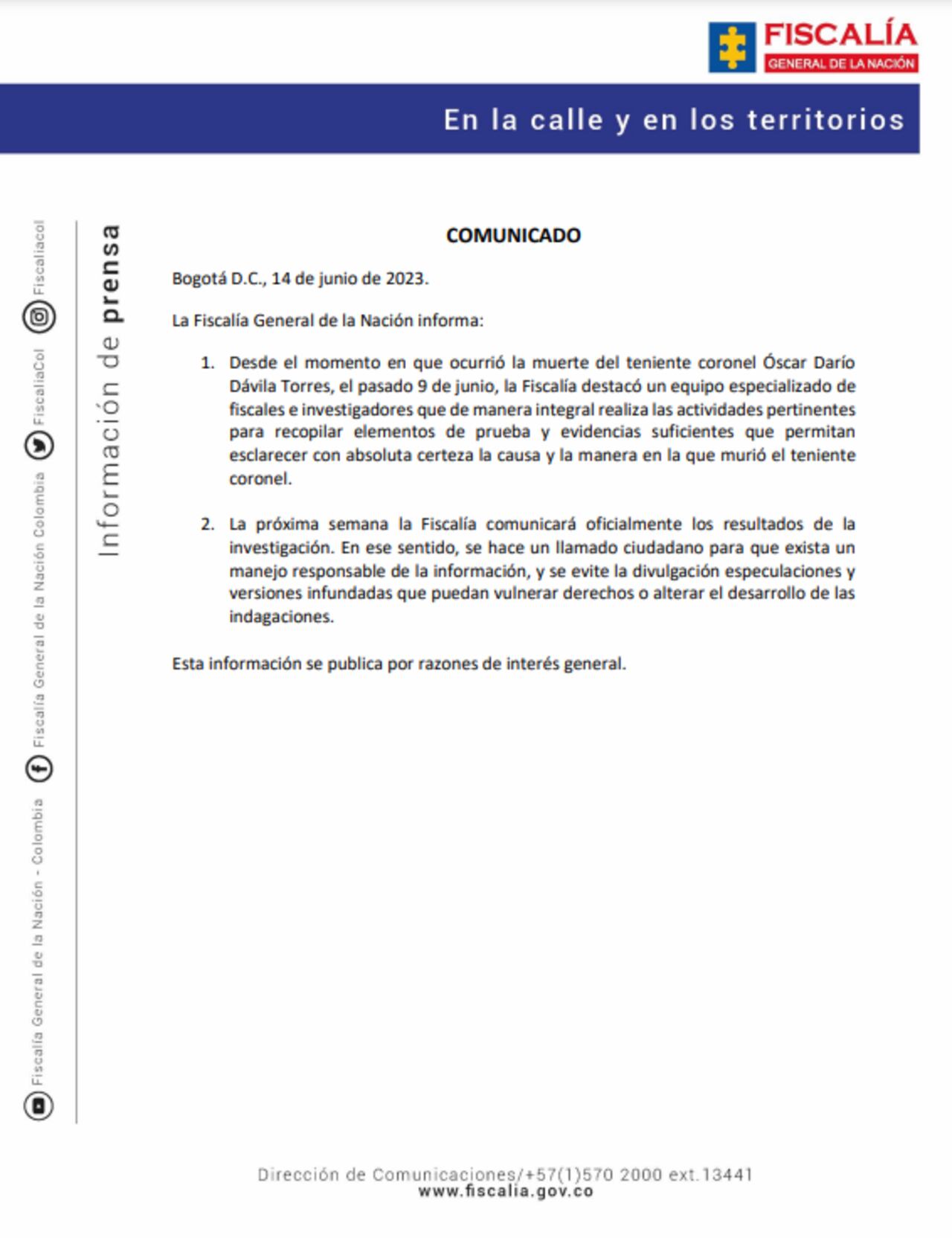 Fiscalía anunció avances en la investigación por el crimen del coronel Óscar Dávila.