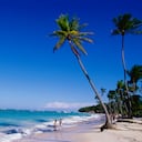 Turistas caminando por la Playa Bávaro bajo palmeras junto al Mar Caribe en República Dominicana.