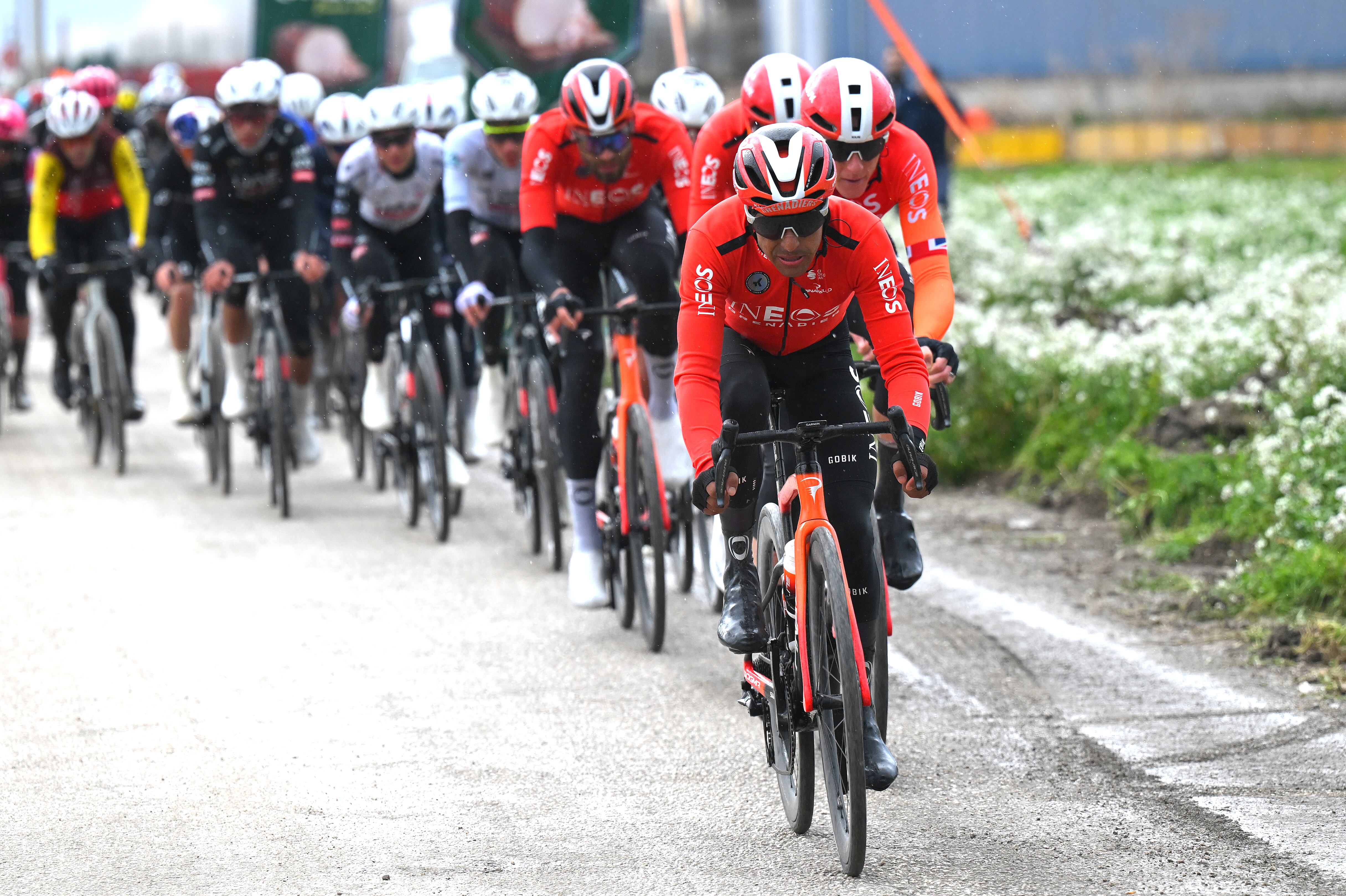TRASACCO, ITALY - MARCH 13: Brandon Smith Rivera Vargas of Colombia and Team INEOS Grenadiers competes during the 60th Tirreno-Adriatico 2025, Stage 3 a 190km stage from Norcia to Trasacco / #UCIWT / on March 13, 2025 in Trasacco, Italy. (Photo by Tim de Waele/Getty Images)