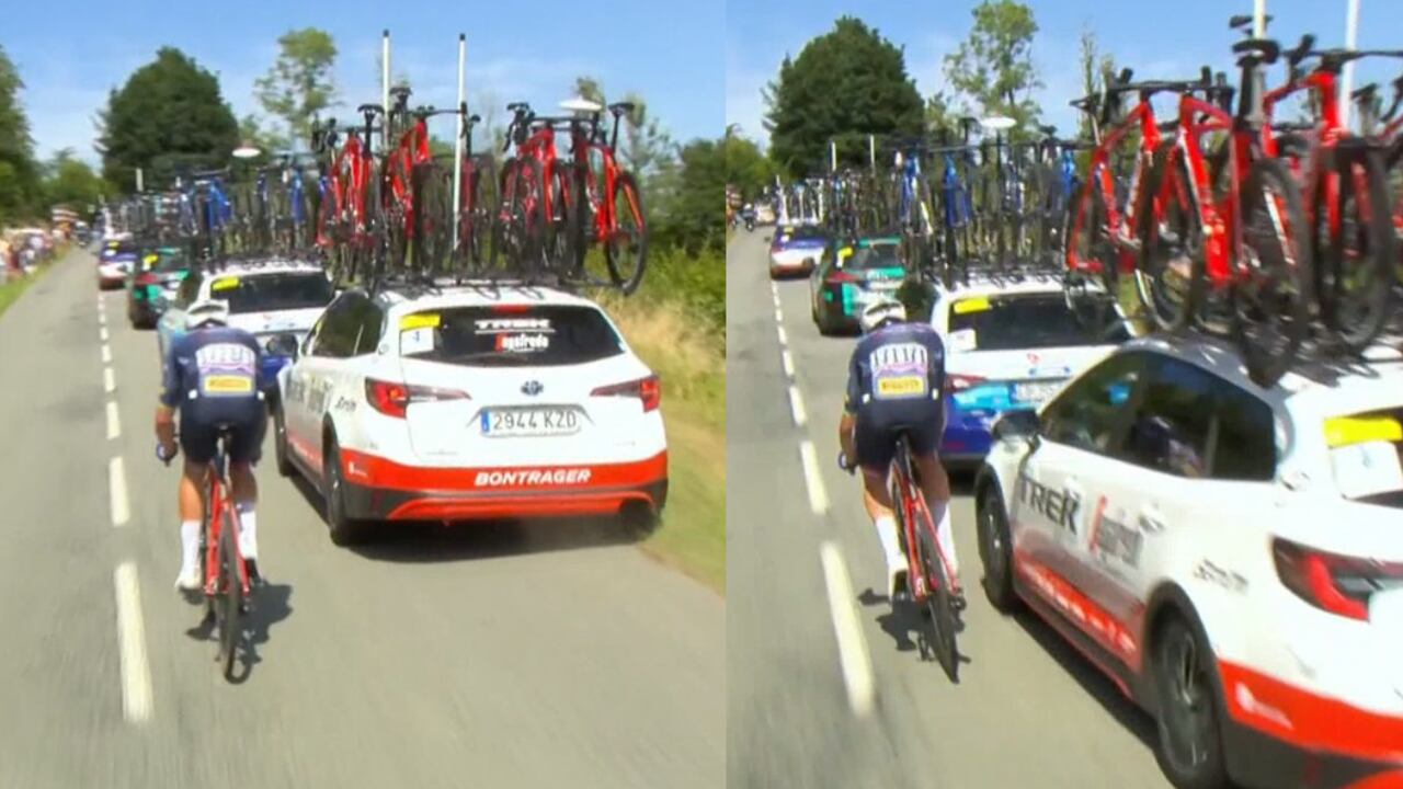 Mads Pedersen casi se estrella con el carro de su equipo. Foto: Captura de pantalla.