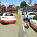 Mads Pedersen casi se estrella con el carro de su equipo.