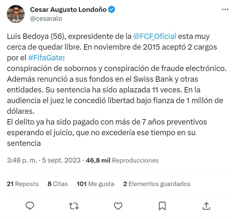 Según César Augusto Londoño, el exdirigente Luis Bedoya está muy cerca de recuperar su libertad