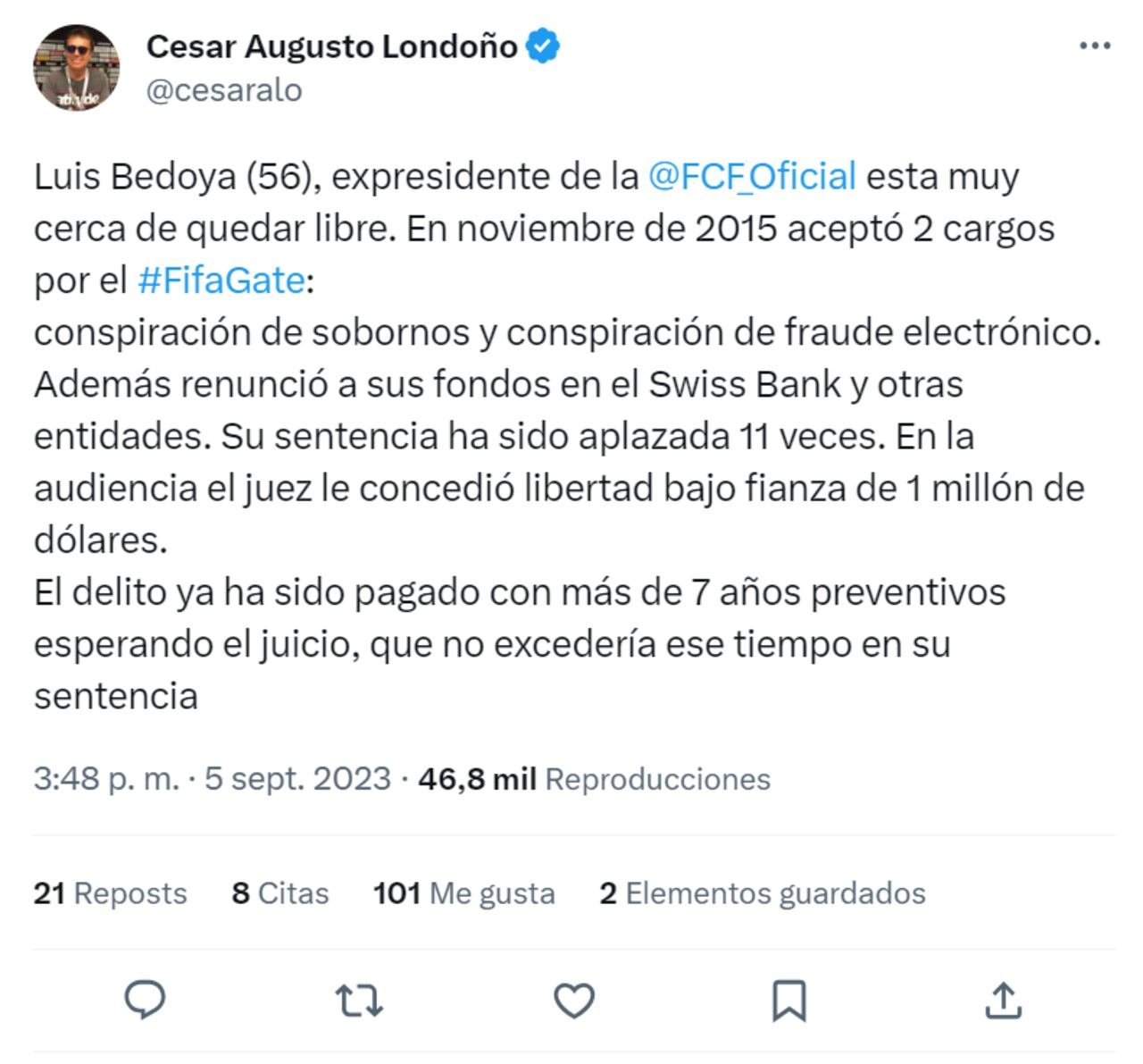 Según César Augusto Londoño, el exdirigente Luis Bedoya está muy cerca de recuperar su libertad