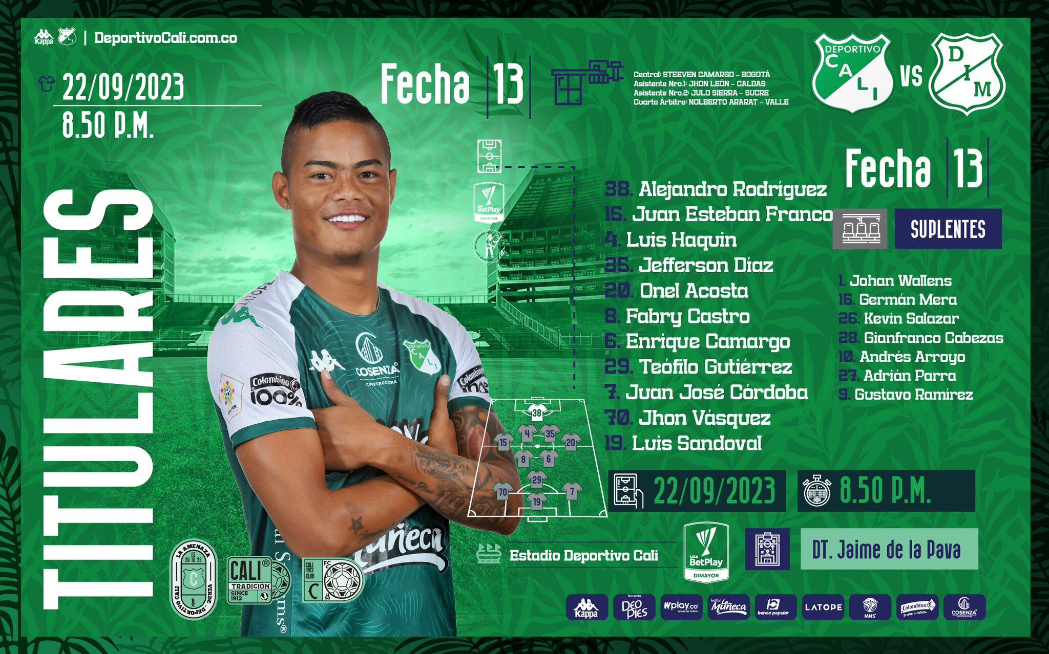 Formación titular de Cali vs. Medellín