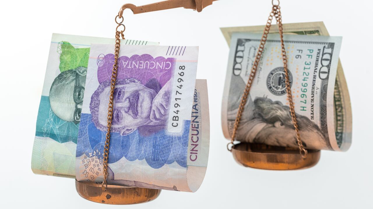 currency rates, Colombian peso vs US dollar, White background, financial concept, Banknotes on a small scale