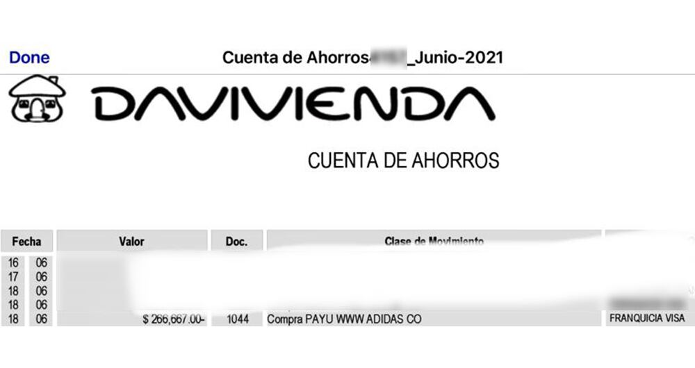 Este es el comprobante de pago de Yamid Saldaña en su banco, en el cual se evidencia la transacción que hizo con Adidas, casa deportiva propietaria de la marca Reebok.