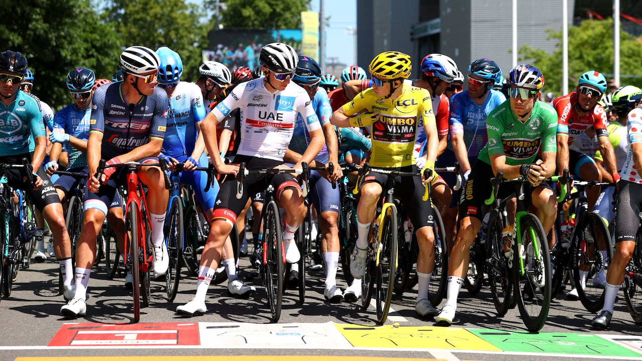 MENDE, FRANCE - JULY 16: (L-R) Mads Pedersen of Denmark and Team Trek - Segafredo, Tadej Pogacar of Slovenia and UAE Team Emirates white best young jersey, Jonas Vingegaard Rasmussen of Denmark Yellow Leader Jersey, Wout Van Aert of Belgium and Team Jumbo - Visma Green Points Jersey prior to the 109th Tour de France 2022, Stage 14 a 192,5km stage from Saint-Etienne to Mende 1009m / #TDF2022 / #WorldTour / on July 16, 2022 in Mende, France. (Photo by Michael Steele/Getty Images)