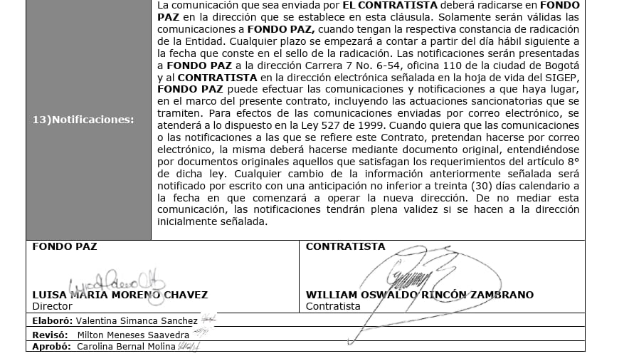 Contrato firmado por el general William Rincón con el Alto Comisionado para la Paz.