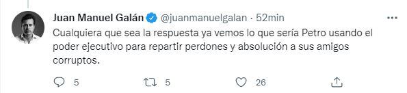 Mensaje de Juan Manuel Galán en su cuenta de Twitter