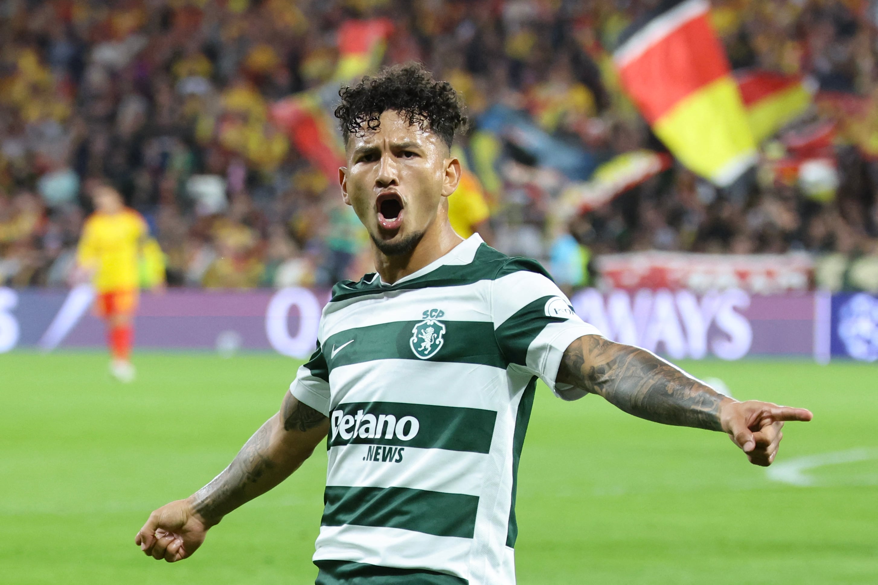 Sporting's forward #97 Luis Suarez celebrates scoring the opening goal during the UEFA Champions League, league phase matchday 2, football match between RC Lens and Sporting CP at the Stade Bollaert-Delelis in Lens, northern France, on October 13, 2026. (Photo by Francois LO PRESTI / AFP)