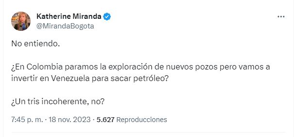 Publicación de Katherine Miranda en X.