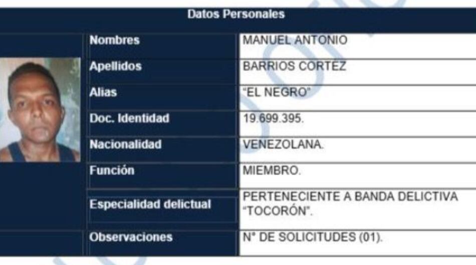 Alias El Negro, solicitado por un juzgado de Venezuela.