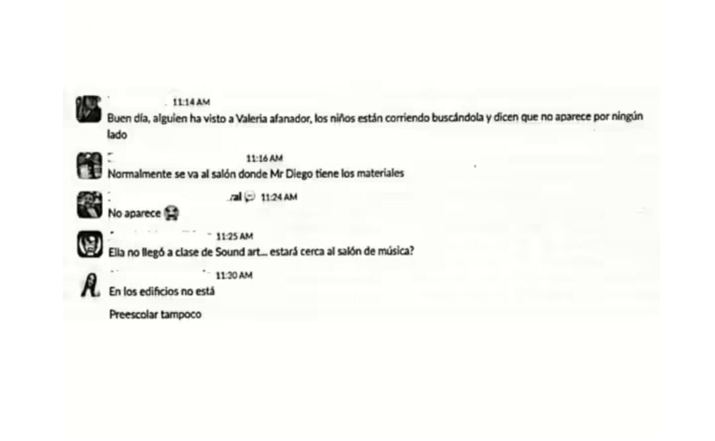 Los chats que intercambiaron los profesores del colegio de Valeria Afanador el día de su desaparición: