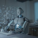 Robot humanoide en un centro de llamadas. ilustración 3d