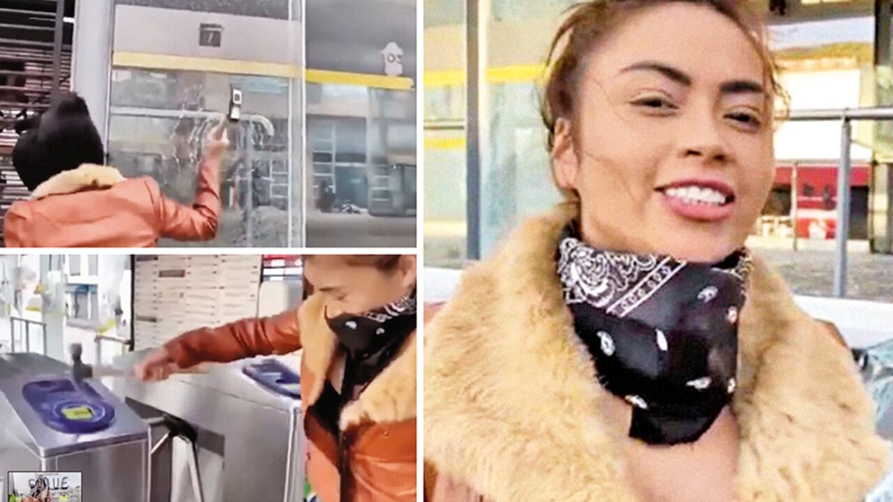 Pantallazos del video publicado por Epa Colombia cuando destruyó una estación de TransMilenio en 2019.