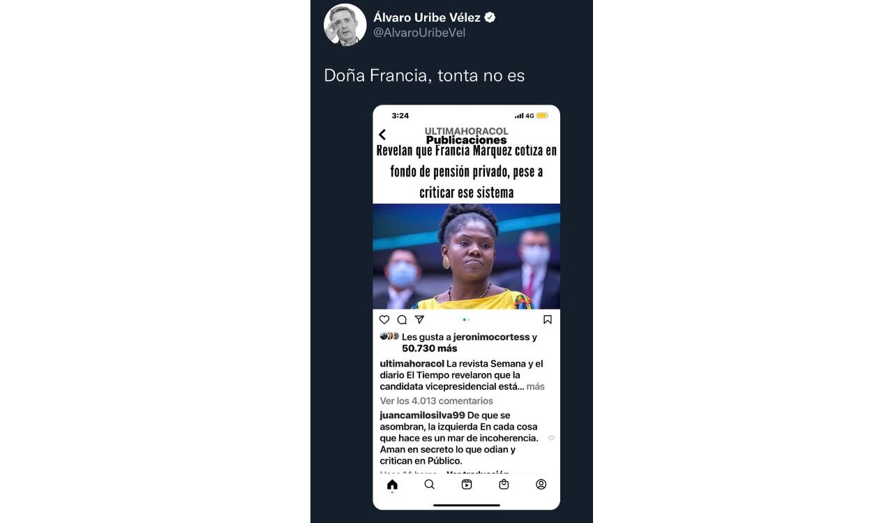 Álvaro Uribe no dudó en criticar a Francia Márquez por estar cotizando en un fondo de pensiones privado