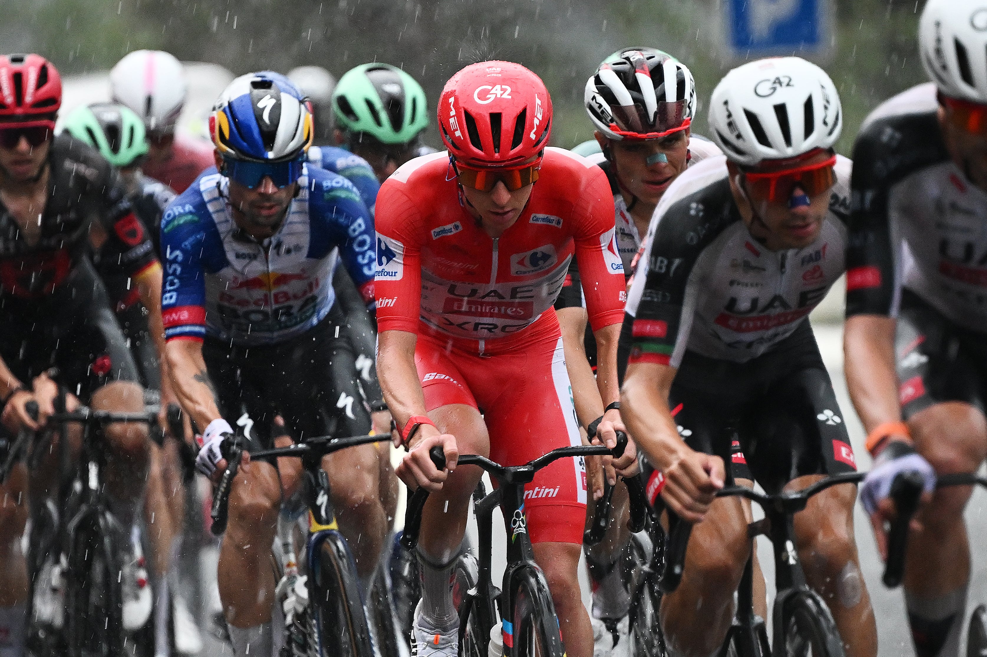 FONT-ROMEU, FRANCE - AUGUST 24: Tadej Pogacar of Slovenia and UAE Team Emirates XRG - Red Leader Jersey competes during the La Vuelta - 81st Tour of Spain 2026, Stage 3 a 174km from Gruissan - Aude to Font Romeu 1941m / #UCIWT / on August 24, 2026 in Font Romeu, France. (Photo by Tim de Waele/Getty Images)