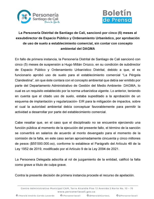 Personería sancionó por cinco meses a exsubdirector de Espacio Público de Cali; esta es la razón.