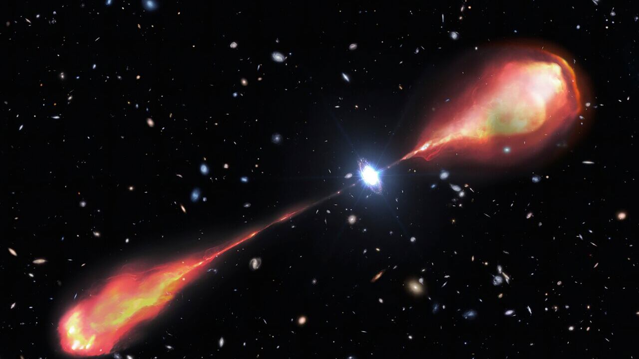 En esta imagen, proporcionada por el NOIRLab de NSF, se muestra una ilustración artística del chorro de radio más grande jamás encontrado en las primeras etapas del universo.