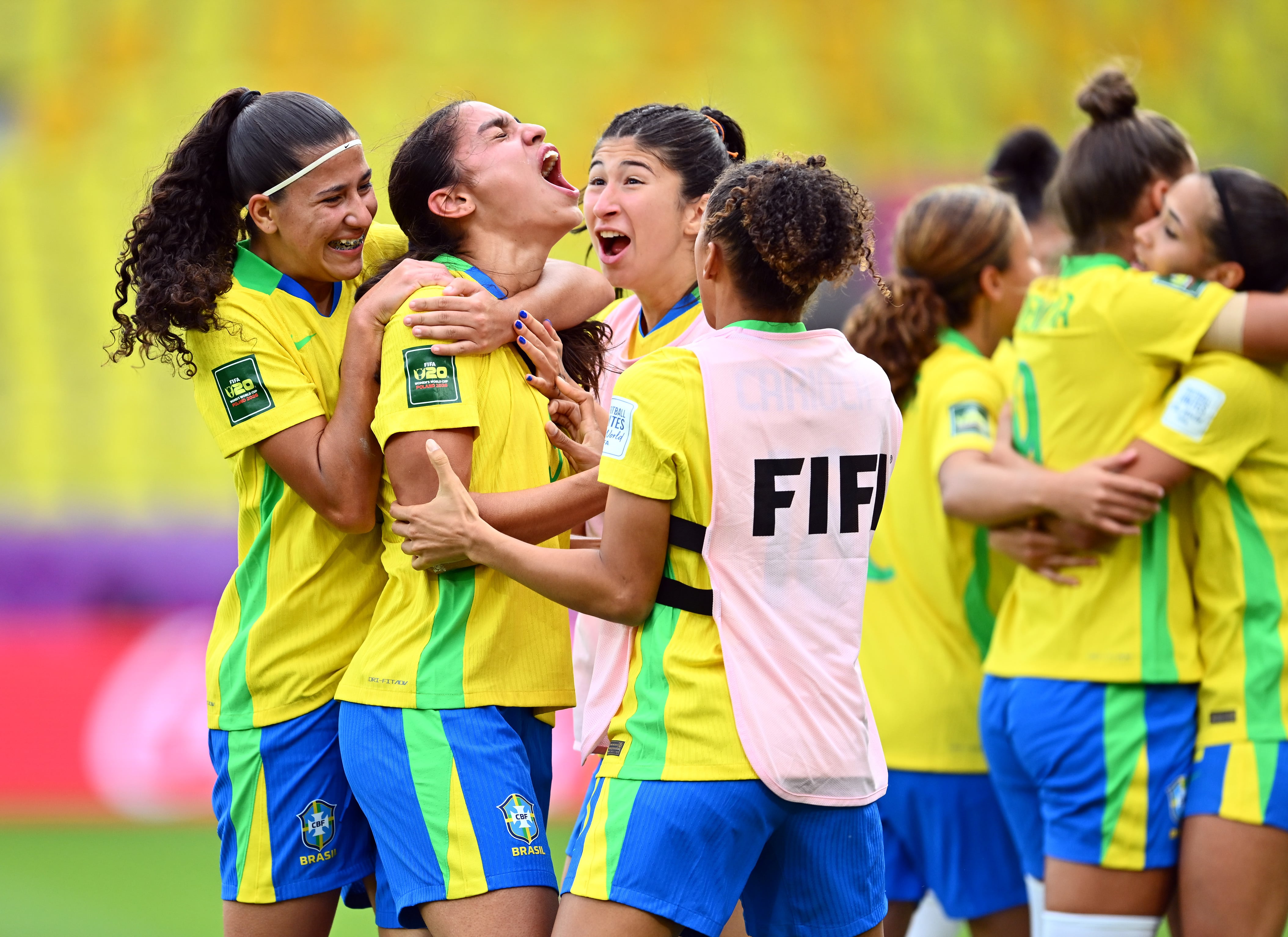 KATOWICE, POLAND - SEPTEMBER 16: Sofia Couto of Brazil celebrates scoring her team’s first goal with teammates during the FIFA U-20 Women's World Cup Round of 16 match between Brazil and United States at Arena Katowice on September 16, 2026 in Katowice, Poland. (Photo by Mateusz Slodkowski - FIFA/FIFA via Getty Images)