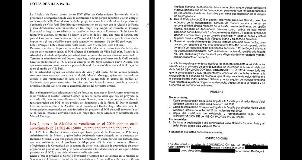 El padre Vidal confesó en la Fiscalía y en el juicio canónico que él gastó el dinero. En los documentos está la denuncia contra la abogada, y la respuesta, con otra denuncia, por parte de la litigante.