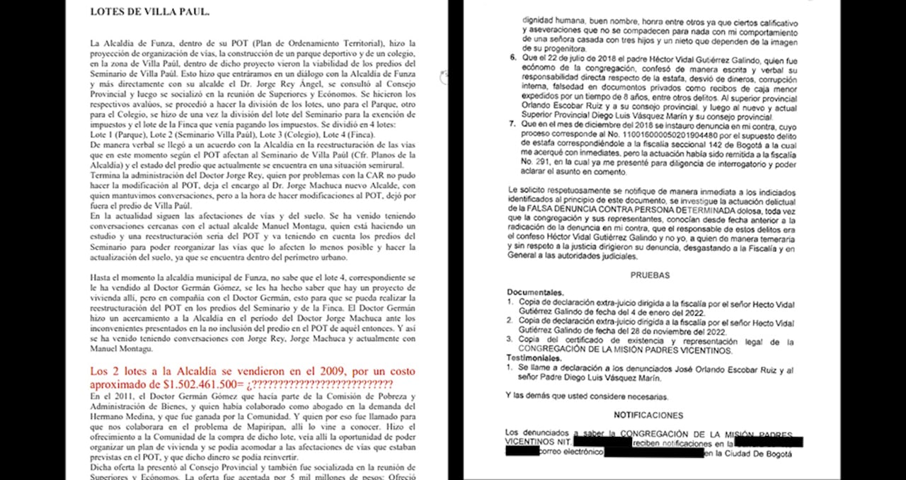 El padre Vidal confesó en la Fiscalía y en el juicio canónico que él gastó el dinero. En los documentos está la denuncia contra la abogada, y la respuesta, con otra denuncia, por parte de la litigante.