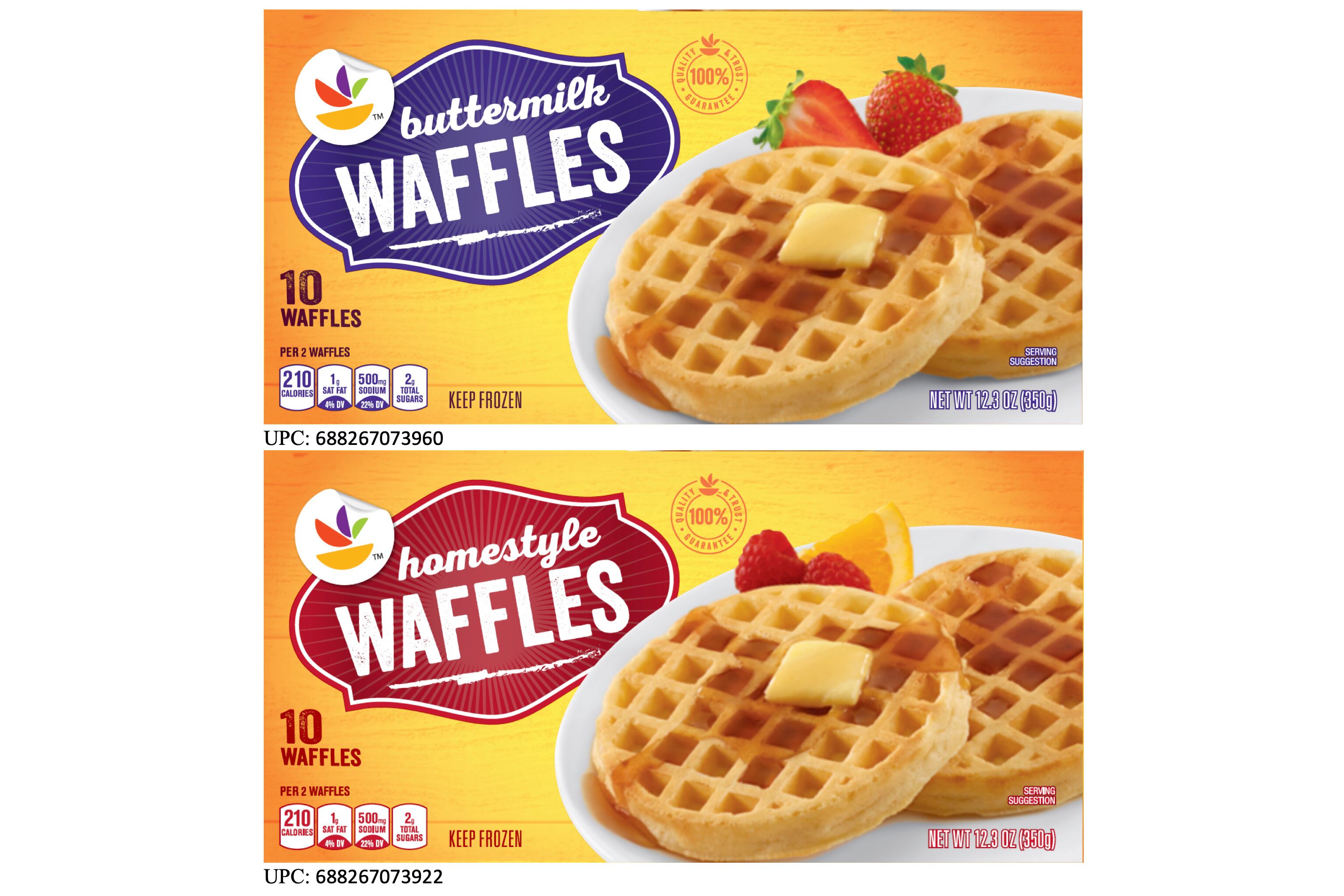 Esta imagen proporcionada por TreeHouse Foods Inc. muestra los paquetes de dos tipos de waffles congelados de la compañía que son parte de un retiro de mercado debido a que podrían estar contaminados con listeria. (TreeHouse Foods, Inc. vía AP)
