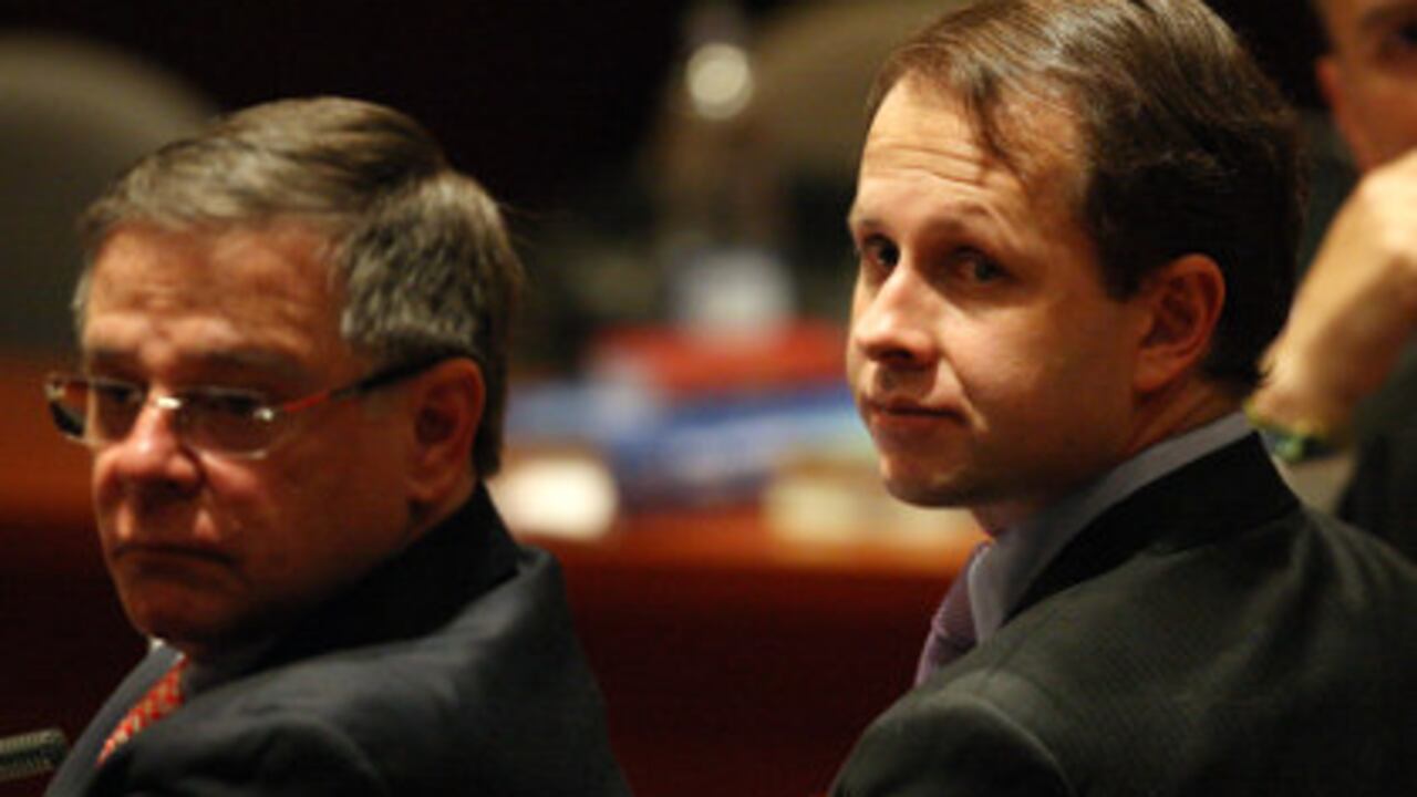 El exministro Andrés Felipe Arias junto a su abogado Jorge Aníbal Gómez Gallego.