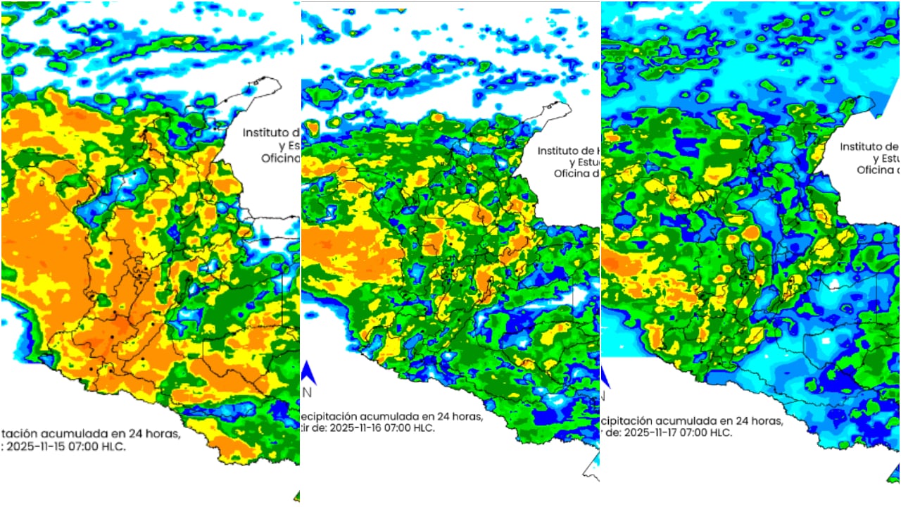 El clima en Colombia los días 15,16 y 17 de noviembre de 2025, respeectivamente