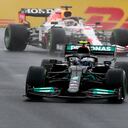 Mercedes driver Valtteri Bottas of Finland steers his car followed by Red Bull driver Max Verstappen of the Netherlands during the Turkish Formula One Grand Prix at the Intercity Istanbul Park circuit in Istanbul, Turkey, Sunday, Oct. 10, 2021. (AP Photo)