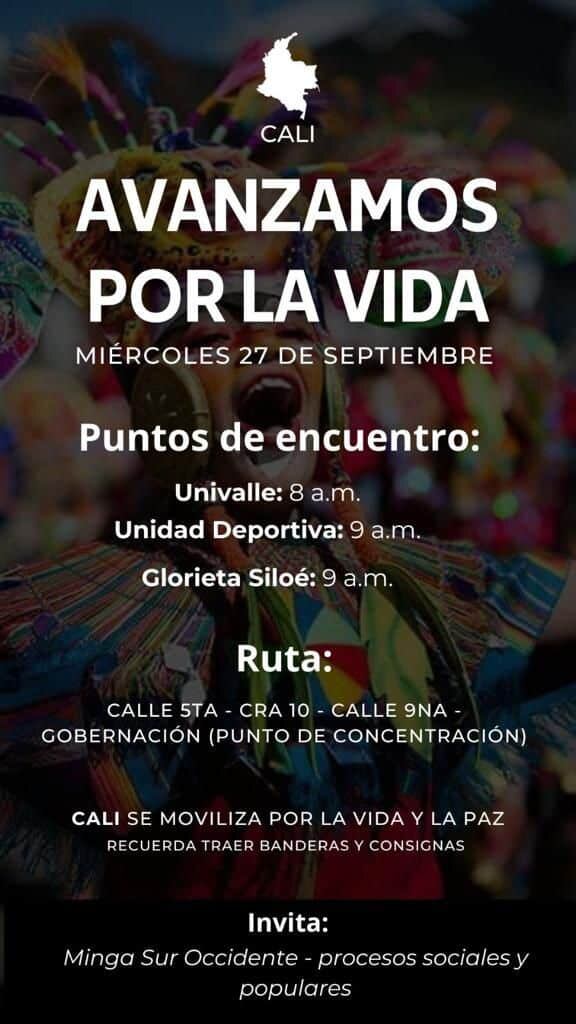 Este es el 'flayer' con el que se ha hecho anuncio de los puntos y recorridos para la manifestación de este miércoles en Cali.