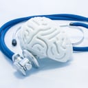 El modelo de cerebro humano con circunvoluciones y estetoscopio azul están sobre fondo blanco uniforme. Concepto de salud fotográfica o condición patológica del cerebro humano, diagnóstico de enfermedades del sistema nervioso