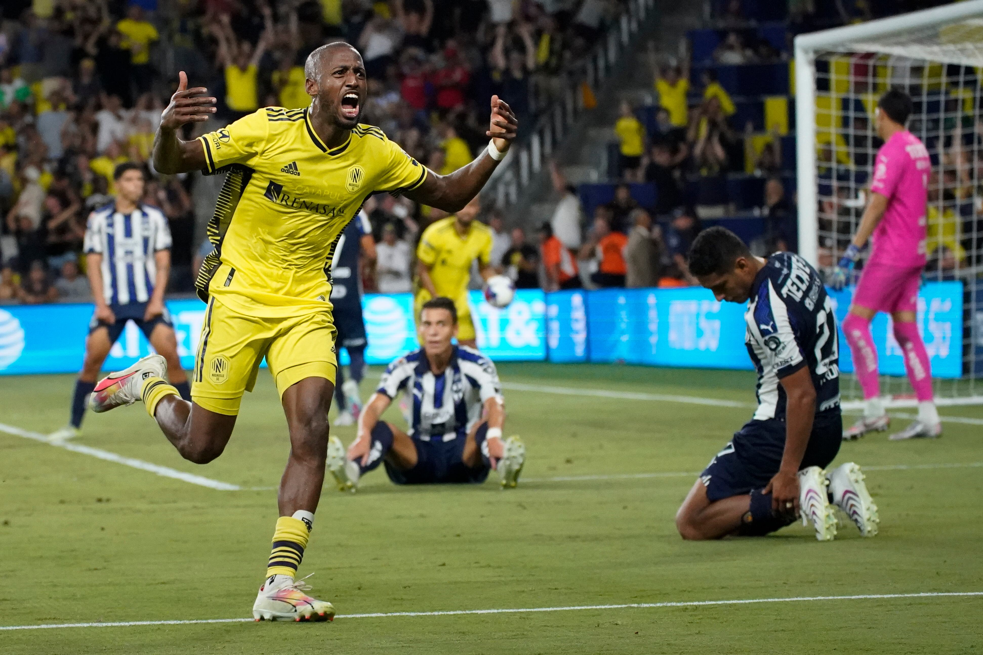 Nashville SC midfielder Fafà Picault celebrates his goal against Monterrey during the second half of a Leagues Cup soccer match Tuesday, Aug. 15, 2023, in Nashville, Tenn. Nashville won 2-0. (AP Photo/George Walker IV)