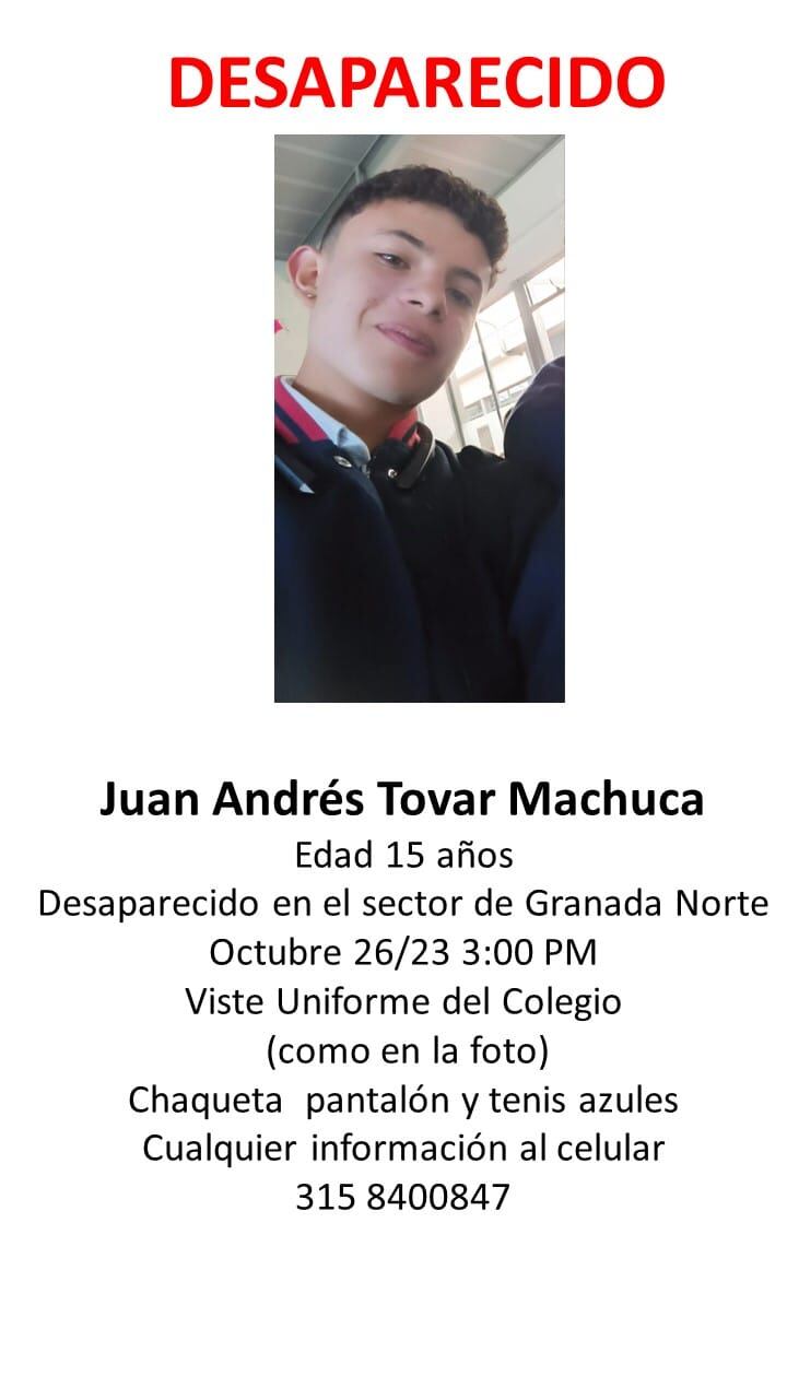 Juan Andrés Tovar Machuca, de 15 años, desapareció en Bogotá; esto se sabe del caso