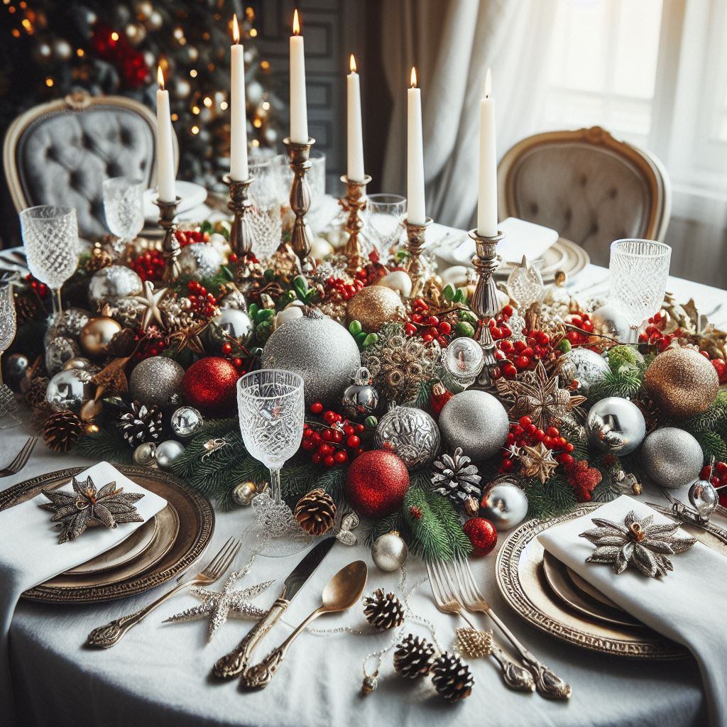 Decoración de mesa para la cena de Año Nuevo.
