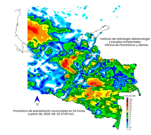 Mapa del clima en Colombia del jueves 25 de junio.