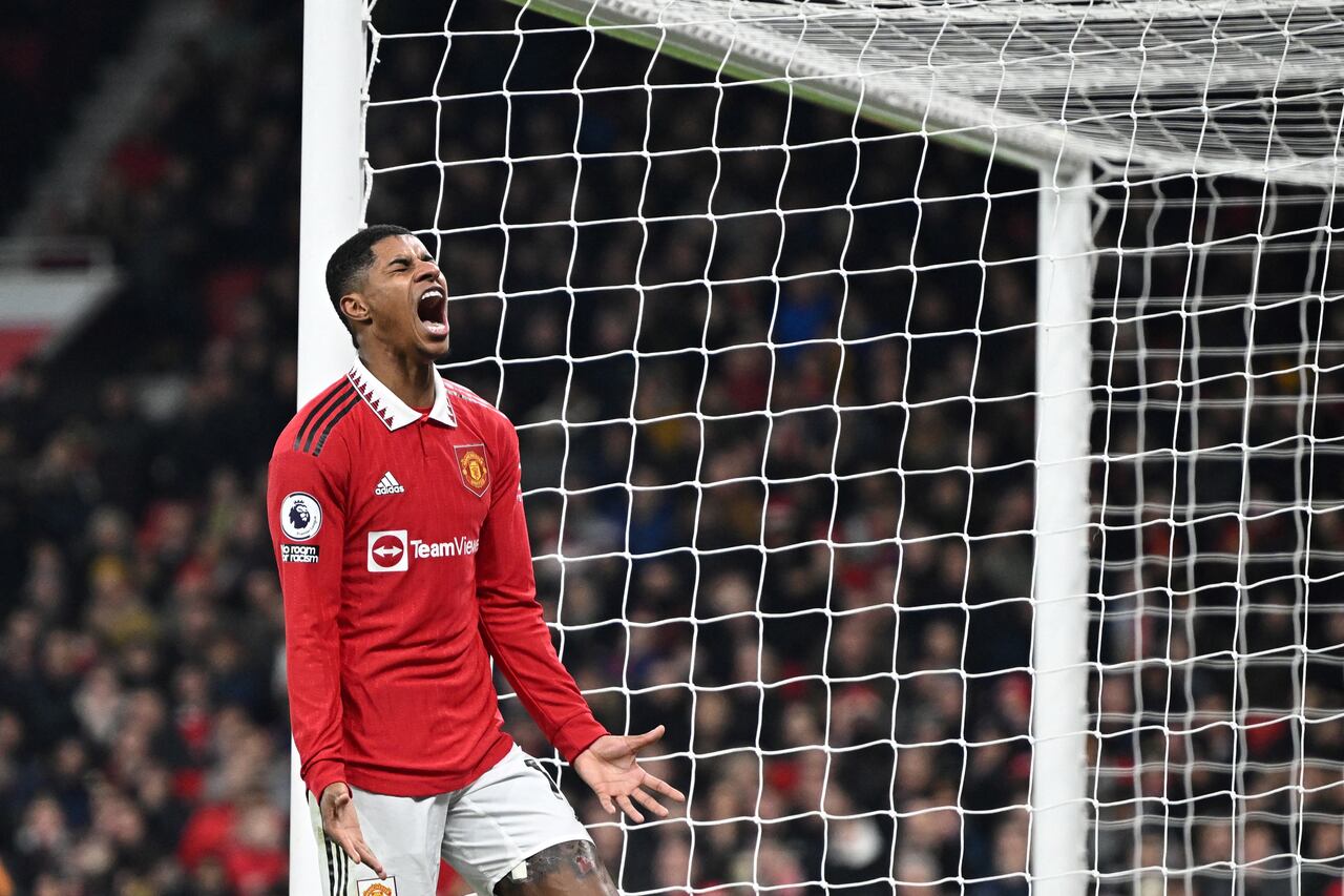 Manchester United's English striker Marcus Rashford reacts after a missed chance during the English Premier League football match between Manchester United and Leeds United at Old Trafford in Manchester, north west England, on February 8, 2023. (Photo by Oli SCARFF / AFP) / RESTRICTED TO EDITORIAL USE. No use with unauthorized audio, video, data, fixture lists, club/league logos or 'live' services. Online in-match use limited to 120 images. An additional 40 images may be used in extra time. No video emulation. Social media in-match use limited to 120 images. An additional 40 images may be used in extra time. No use in betting publications, games or single club/league/player publications. /